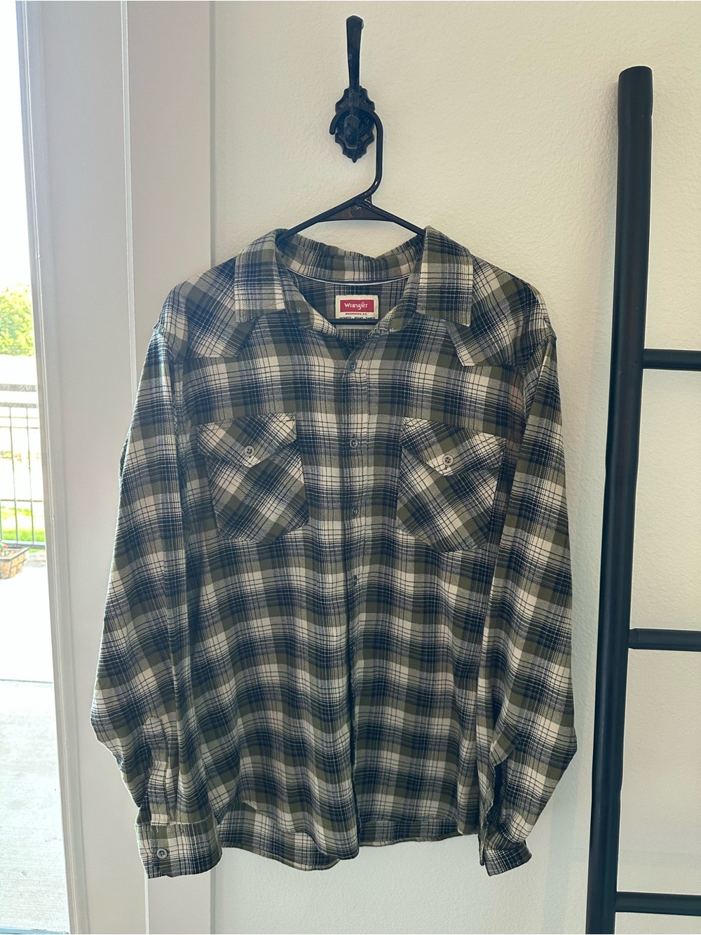 Wrangler Olive, Black & Cream Plaid Shirt with Label Detail